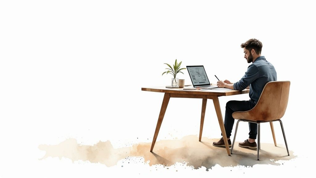 A man with a beard works on a laptop showing design plans at a modern wooden desk.