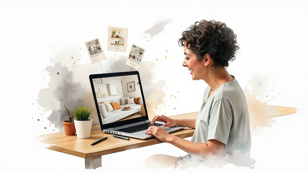 A smiling woman uses a laptop for home design, surrounded by floating room inspiration images and creative splashes.