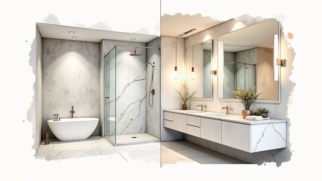 Modern luxury bathroom renovation featuring marble shower, freestanding tub, and floating double vanity