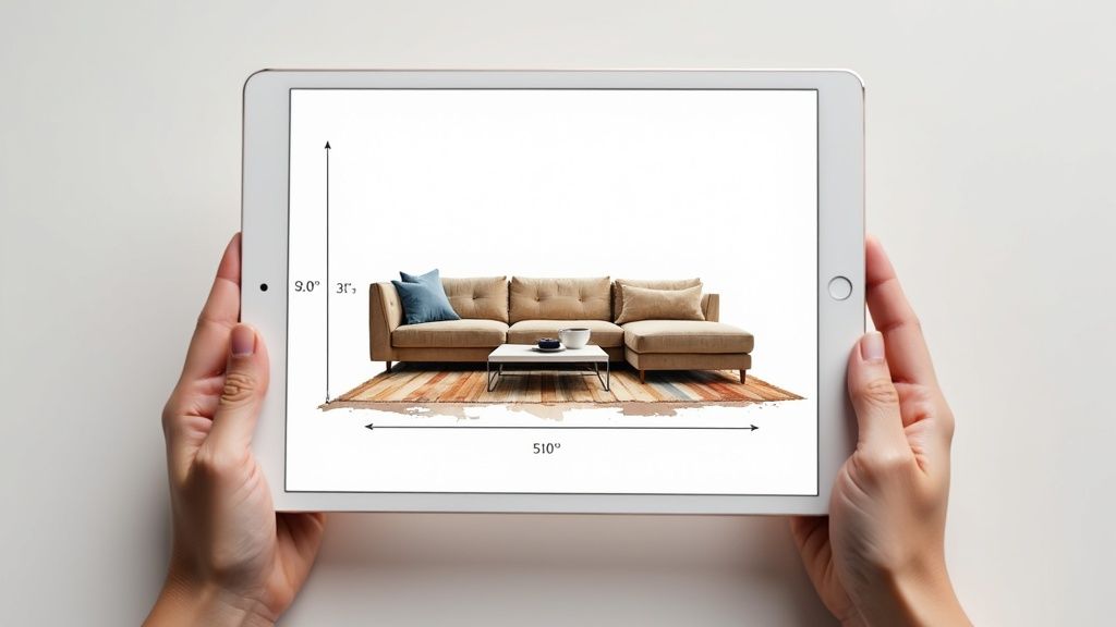 Hands holding tablet displaying sectional sofa with room measurement dimensions and arrows