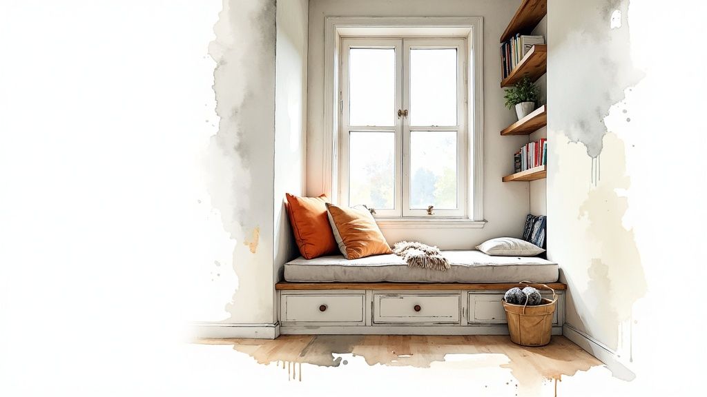 A cozy watercolor-style window seat with orange cushions, built-in storage, and bookshelves for reading.