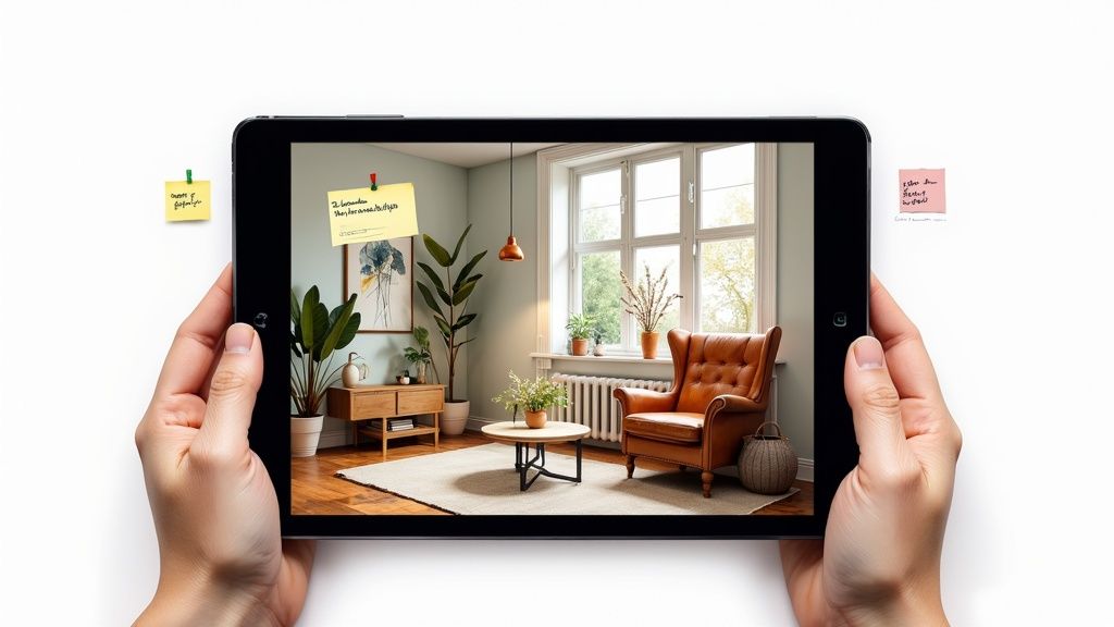 Hands holding a tablet displaying a cozy living room with plants, window, and armchair.
