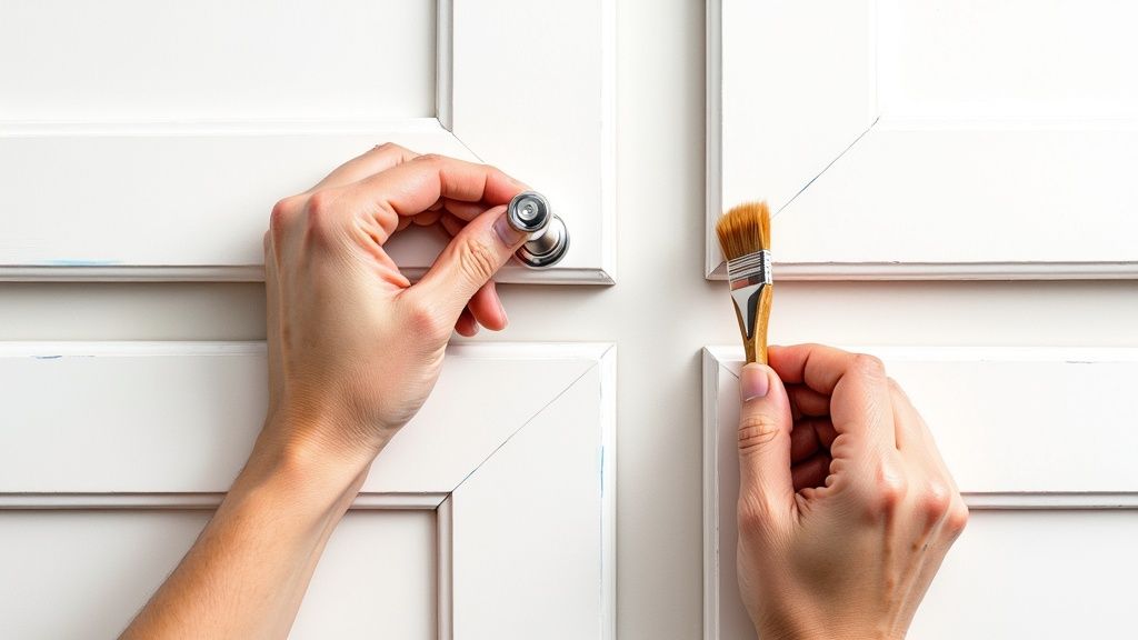 A person painting white kitchen cabinets, demonstrating a high-impact DIY project.