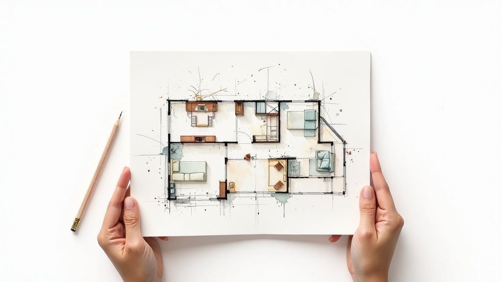 Hands hold a watercolor sketch of a detailed floor plan with furniture and a pencil on white background.