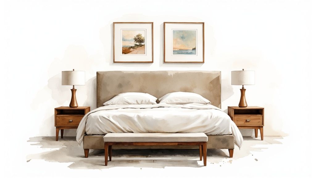A symmetrical watercolor illustration of a modern bedroom with a bed, two nightstands, lamps, and framed pictures.