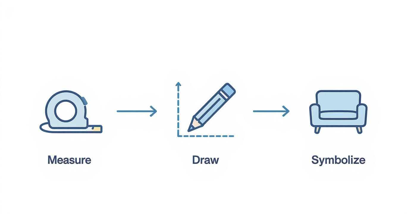 Illustration showing a measuring tape, pencil drawing, and a sofa, symbolizing design process.