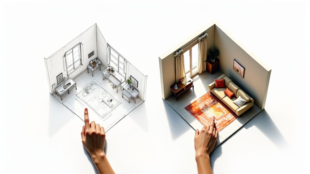 Hands transforming a sketched floor plan into a realistic 3D rendered living room interior design.