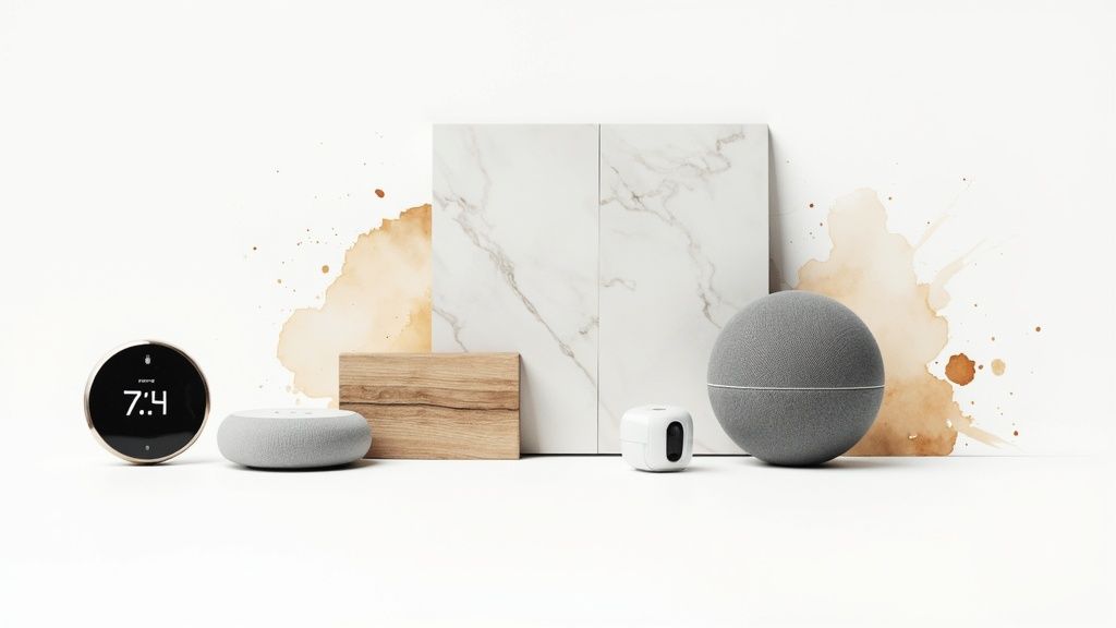 A modern kitchen with quartz countertops and smart lighting.