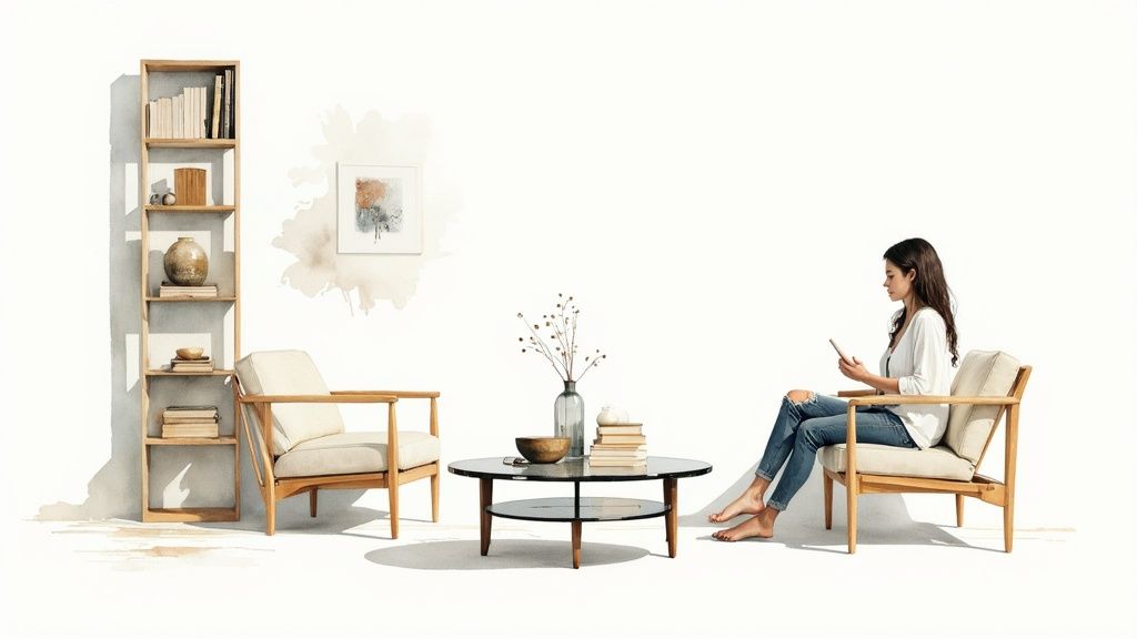 A young woman sits barefoot in a modern wood armchair, using a tablet, in a bright, minimalist room.