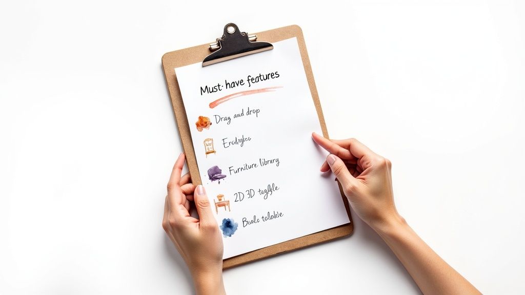 A person holds a clipboard with a 'Must-have features' checklist, illustrating home design software functionalities.