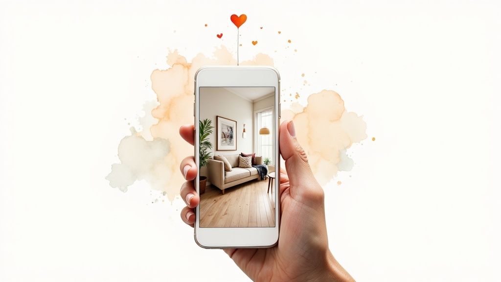 A hand holds a smartphone displaying a virtually staged modern living room with watercolor art and hearts.