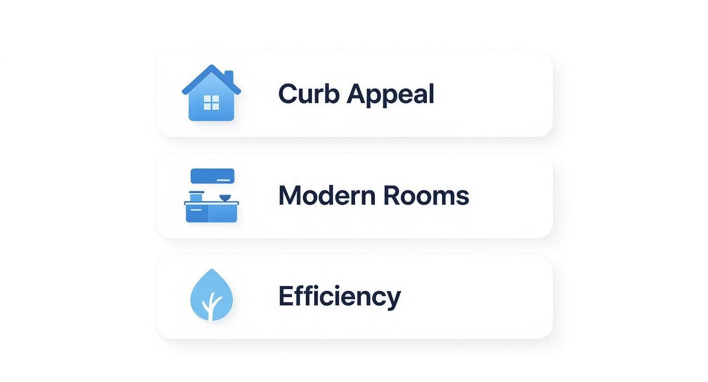 Three white buttons with blue icons for Curb Appeal, Modern Rooms, and Efficiency home features.