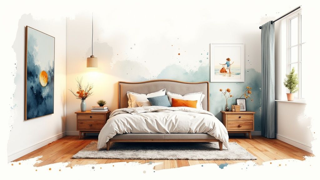 Bedroom with a well-placed bed and dresser, showing clear pathways.