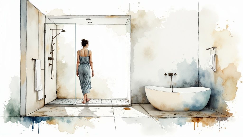 Artistic watercolor rendering of a modern bathroom with a walk-in shower and freestanding bathtub.