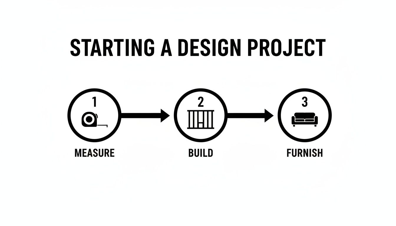 Diagram showing three steps for starting a design project: Measure, Build, and Furnish.