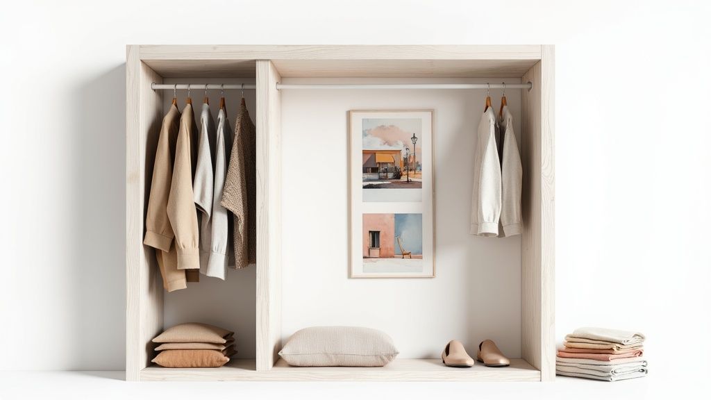 A woman's hands sorting through clothing with varied colors and textures in an open closet.