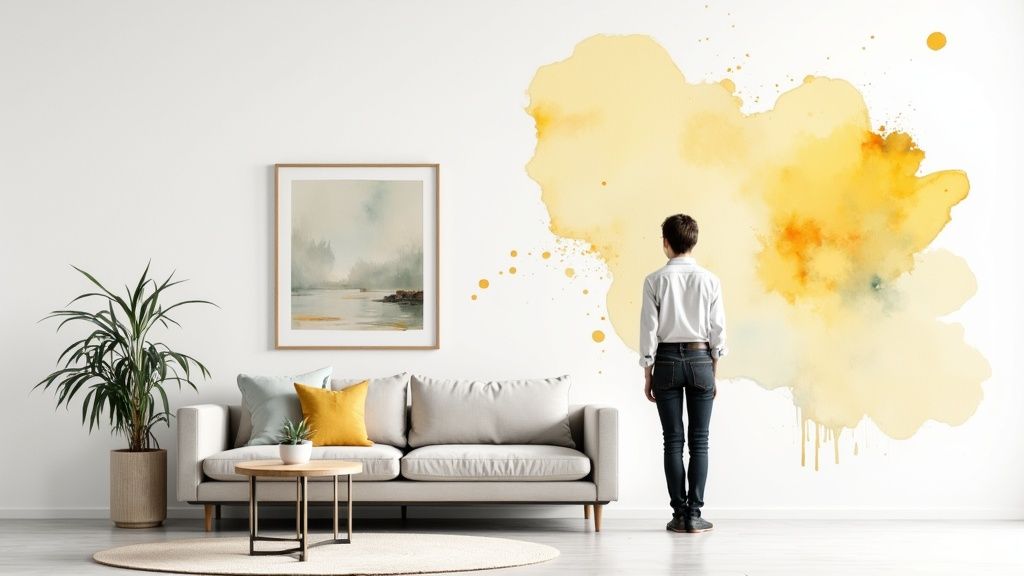 A person views a vibrant yellow watercolor splash on a white wall in a modern living room.
