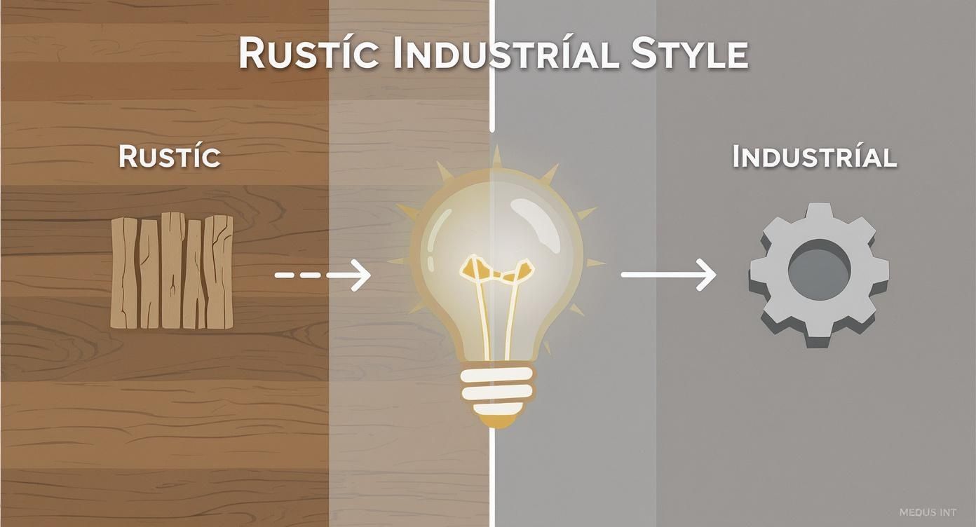 Diagram illustrating the fusion of rustic and industrial styles with wood, lightbulb, and gear.