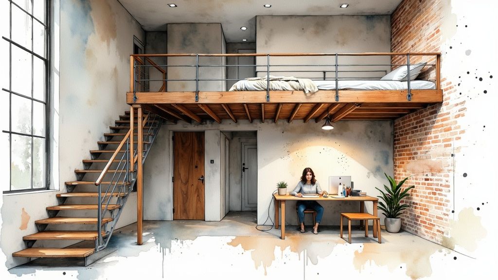 Watercolor illustration of a modern studio condo with a loft bed and a woman working at a desk.