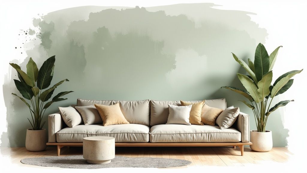 A serene living room decorated with muted colors and natural textures.