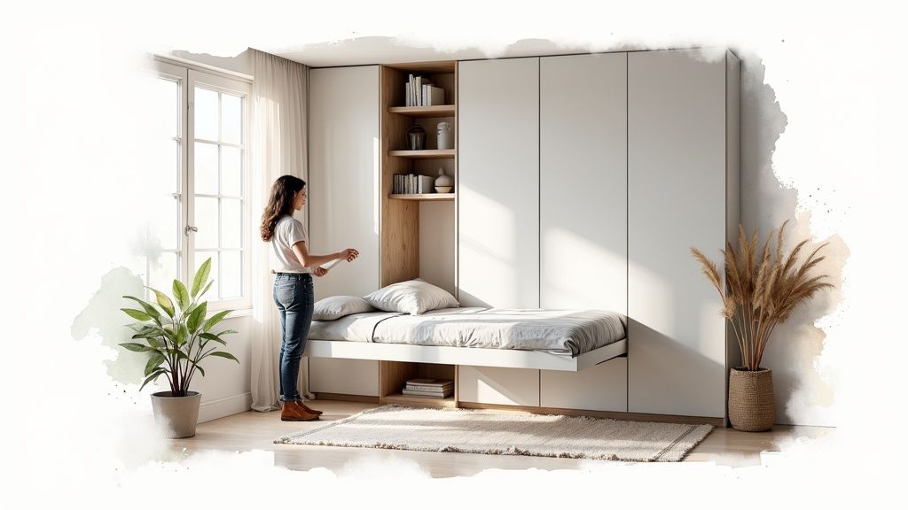 A woman adjusting a modern white wall bed system in a bright studio condo.
