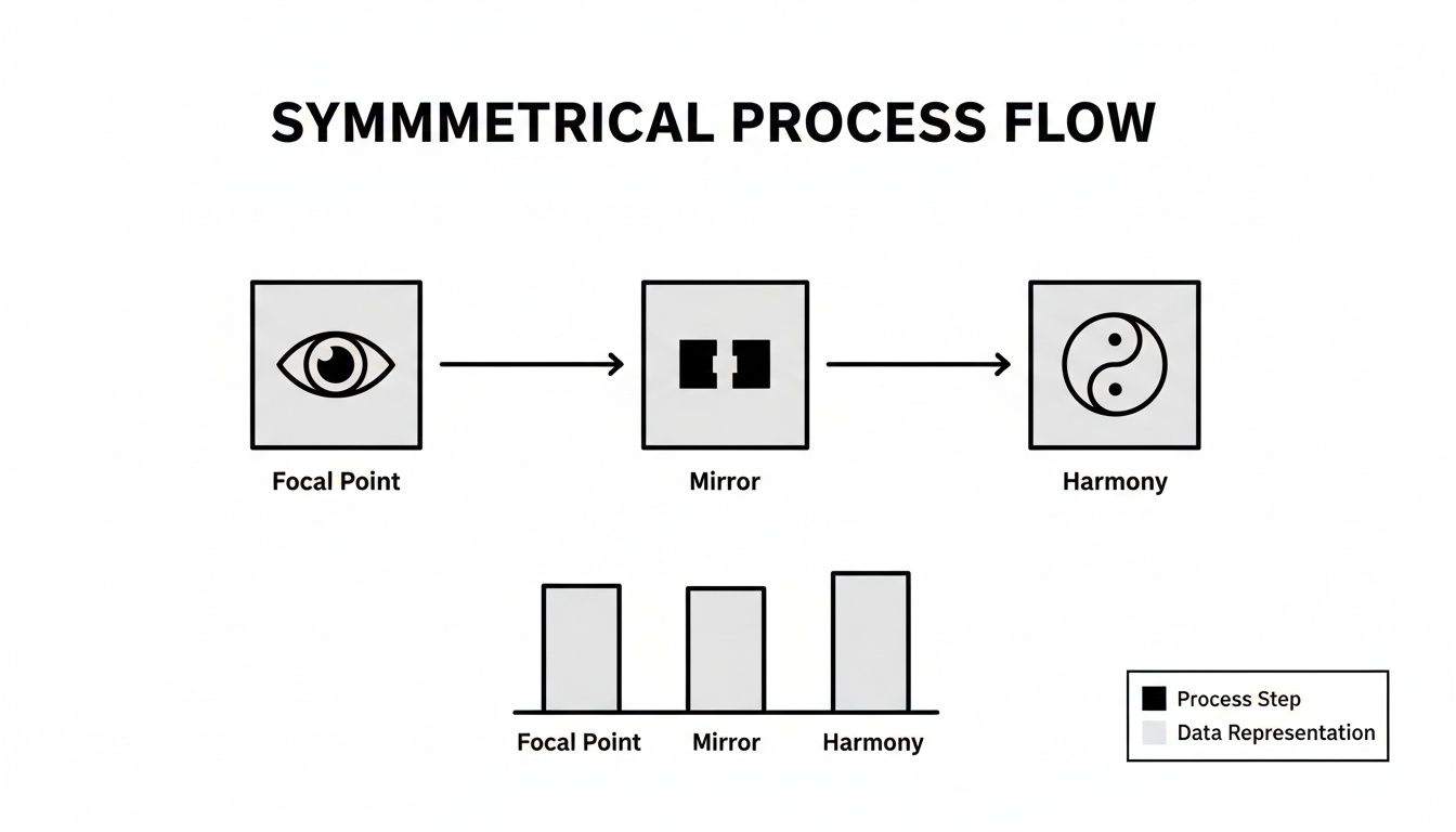 A diagram illustrating a symmetrical process flow with steps: Focal Point (eye), Mirror, and Harmony (Yin-Yang), followed by a bar chart of these steps.