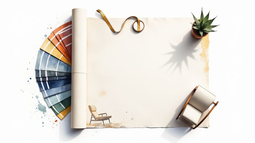 A bright, modern living room with a neutral color palette, stylish furniture, and large windows.