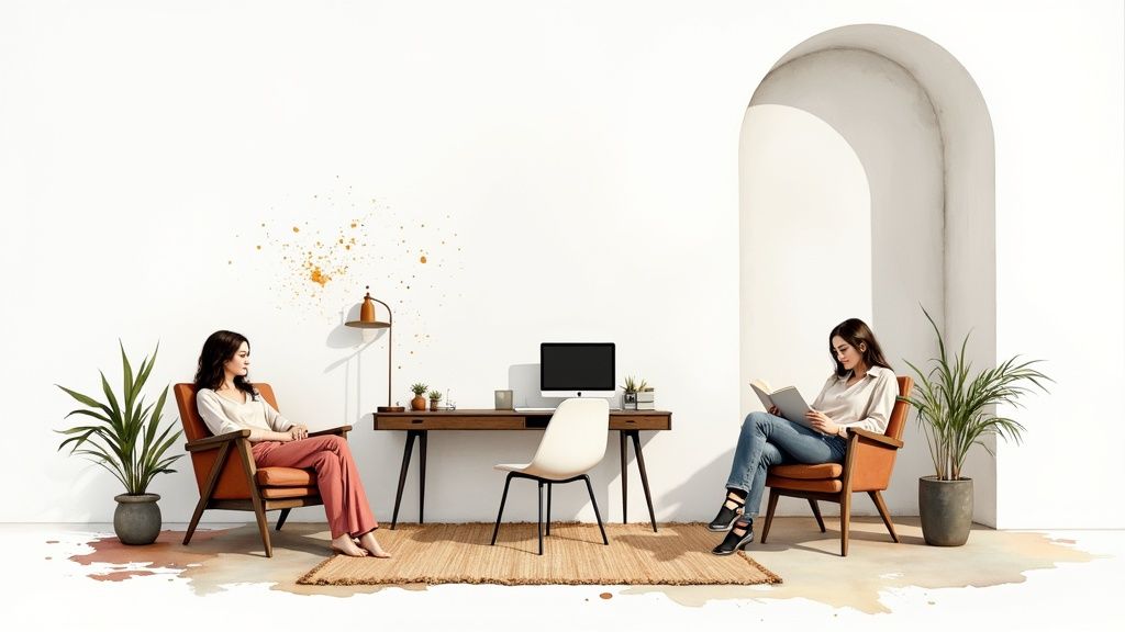 A multifunctional bedroom with a distinct work area and a cozy reading nook.