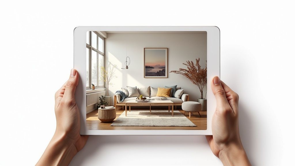 A person using RoomGenius on a tablet to create a 3D rendering of a modern living room.