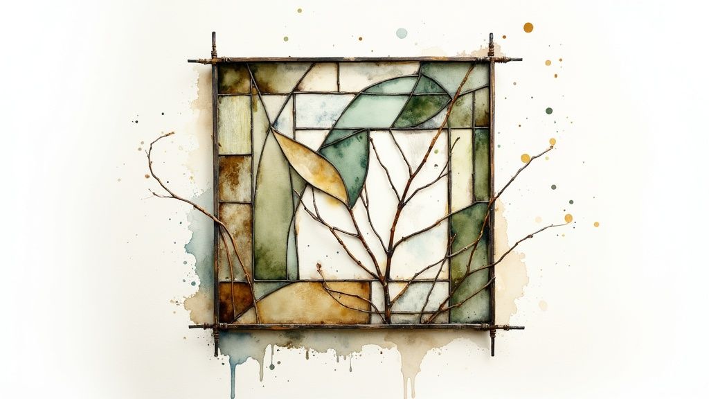 Stained glass art with branches and leaves in green and brown tones, on a watercolor-splattered background.