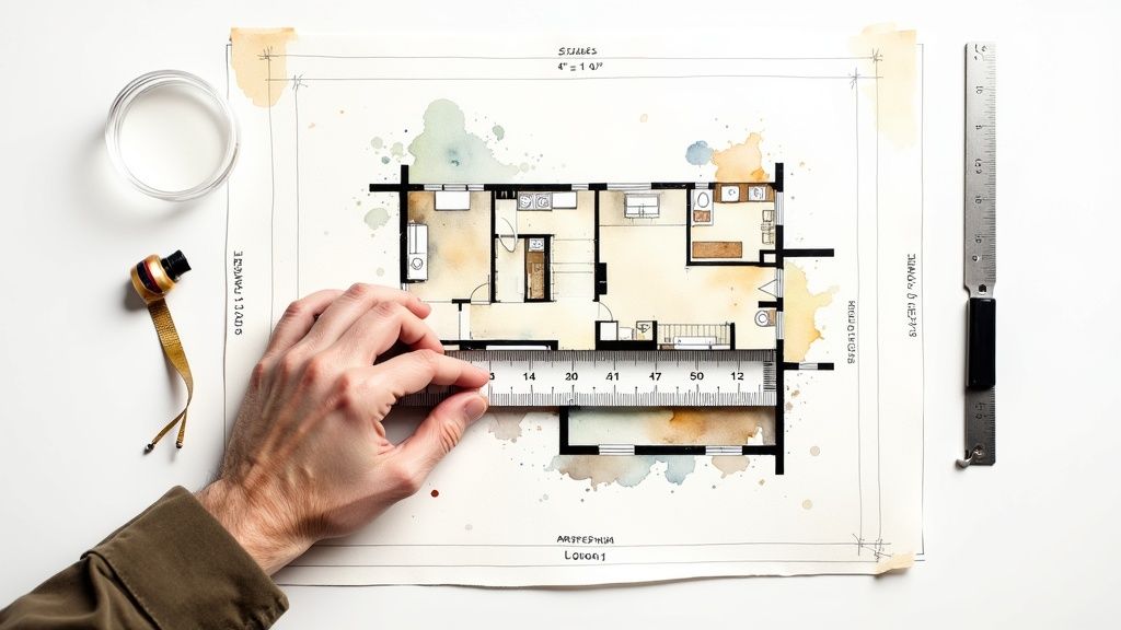 Hand measuring architectural floor plan with ruler and measuring tape on desk
