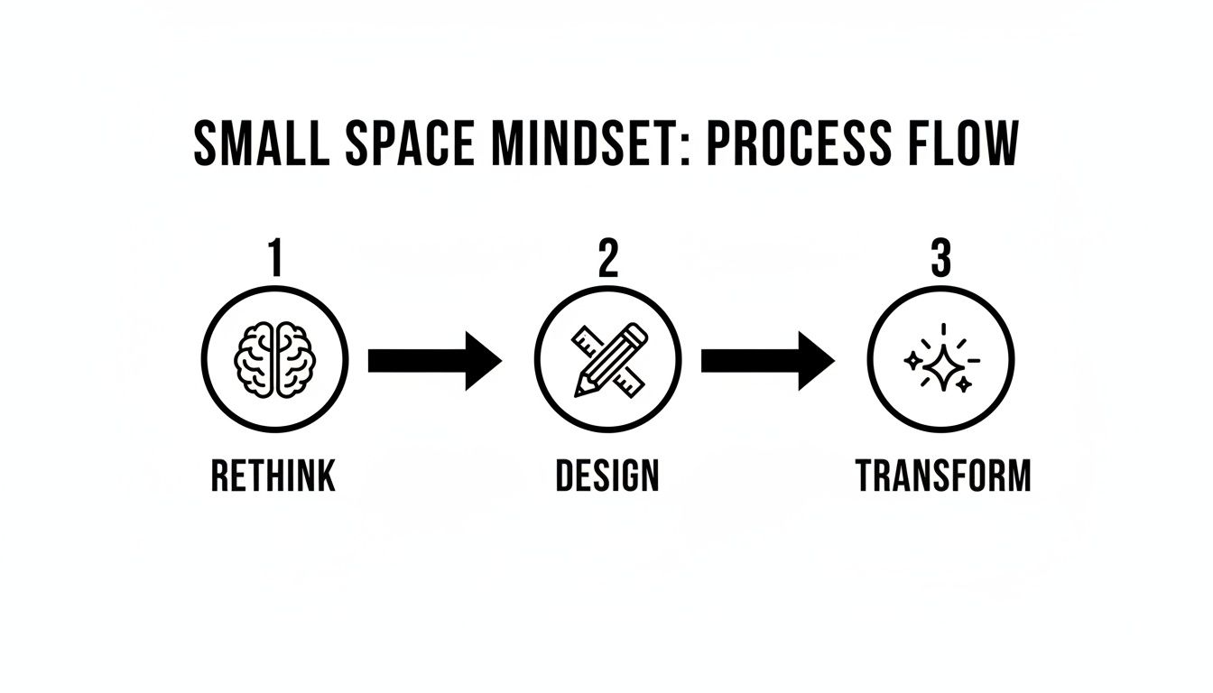 Illustrative process flow diagram showing Rethink, Design, Transform steps for small spaces.