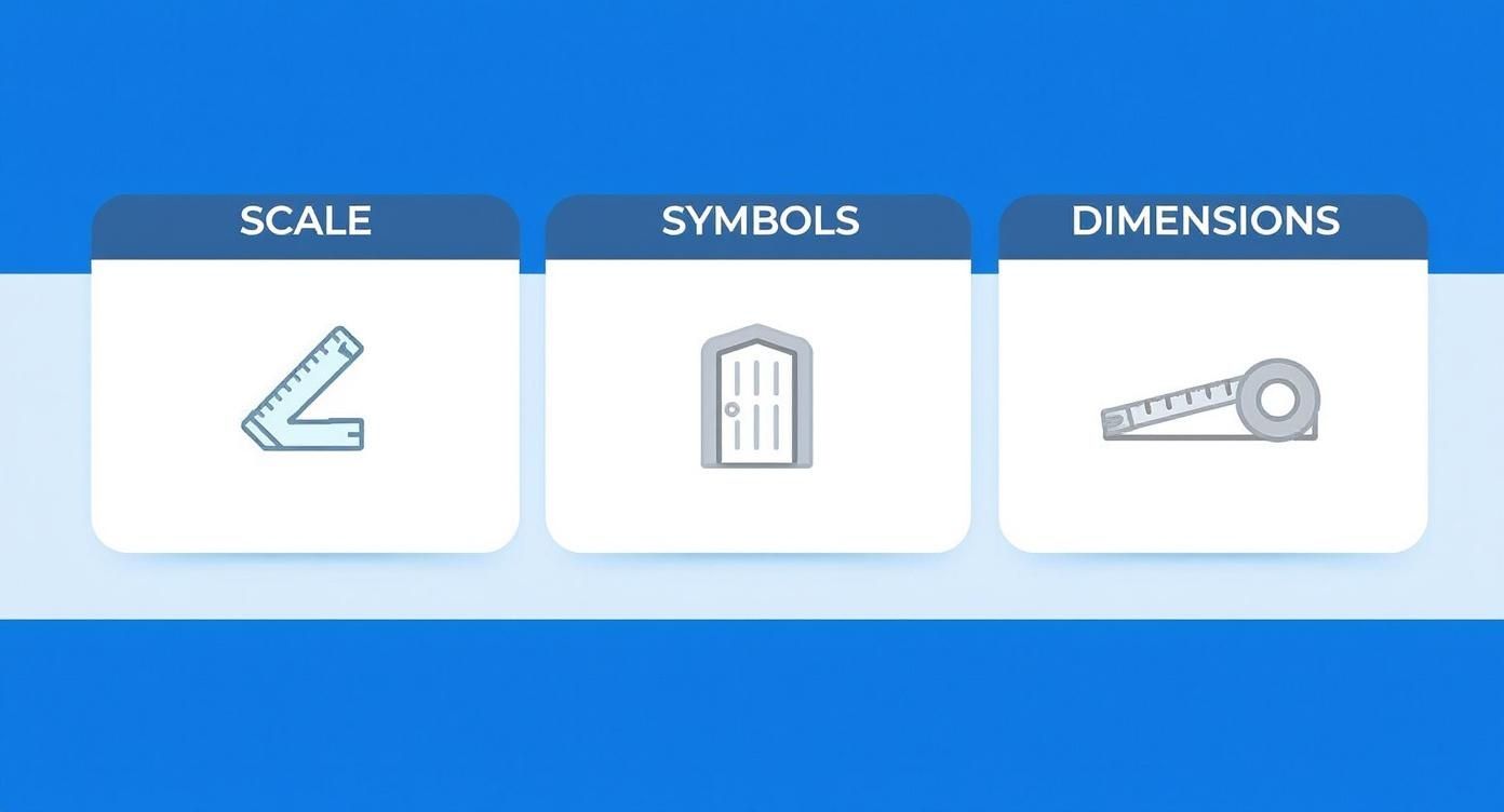 Three icons representing floor plan reading essentials: scale ruler, architectural symbols, and dimension tape measure