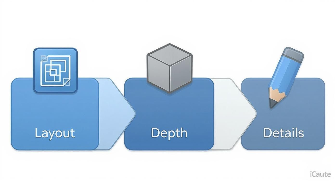 A three-step process diagram showing Layout, Depth, and Details, each with a relevant icon.