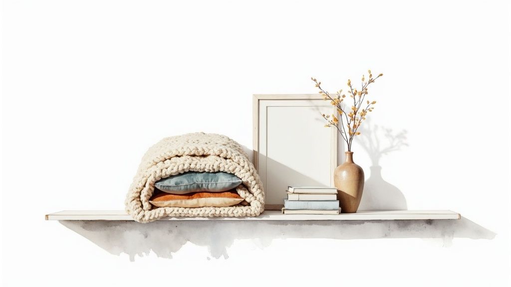 A cozy, minimalist shelf with a chunky knit blanket, pillows, books, and a vase with branches.
