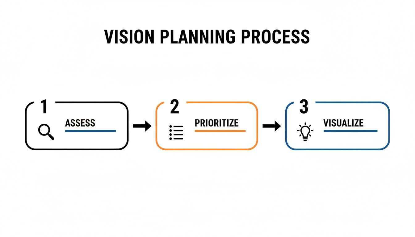A three-step vision planning process diagram: Assess with a magnifying glass, Prioritize with a checklist, and Visualize with a lightbulb.
