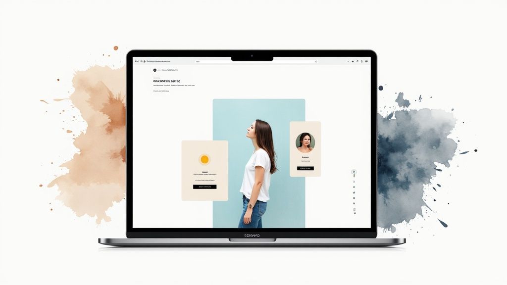 A minimalist website layout featuring muted colors for the background and interface elements.