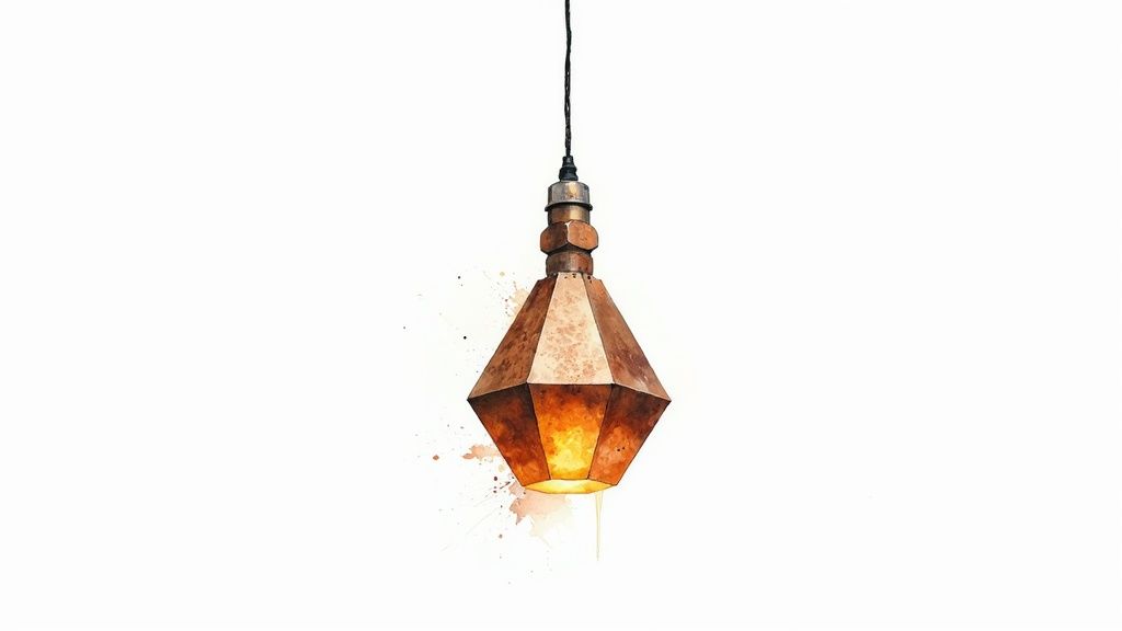 A unique watercolor illustration of a glowing geometric copper pendant light on a white background.