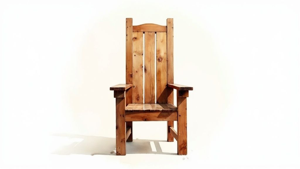 A rustic, handmade wooden chair with a tall back stands against a plain white background.