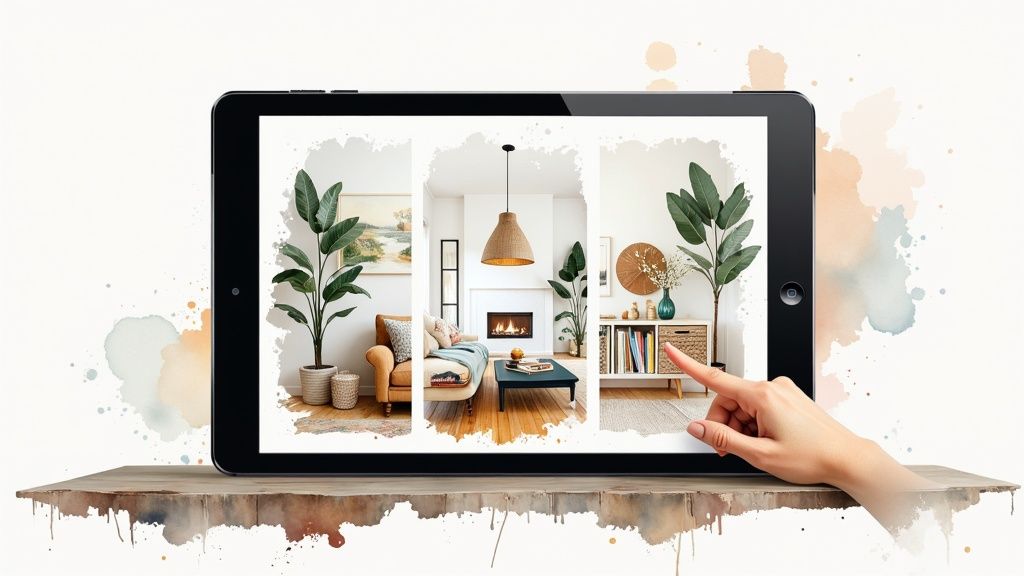 A person using a tablet to view AI-generated interior design concepts for a living room.