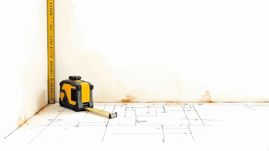 Yellow tape measure and measuring tape on a wall with architectural sketches and artistic stains.