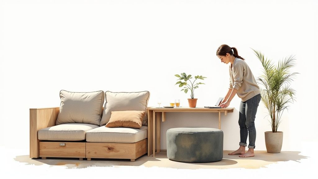 A woman sets up a laptop on an outdoor wooden table with a two-seater sofa and plants.