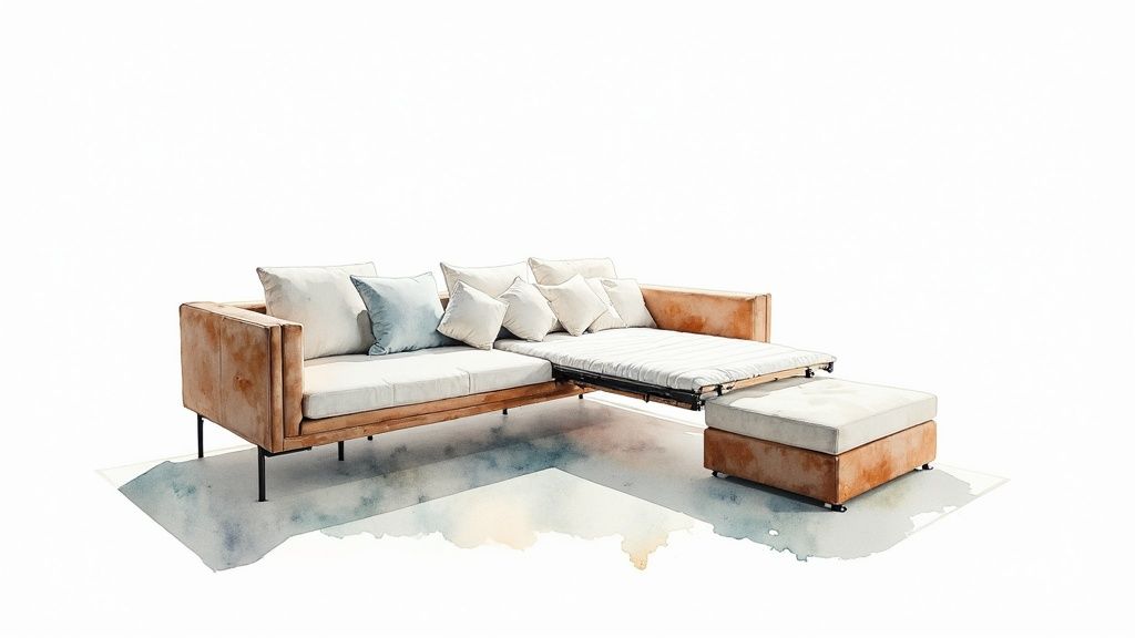 A modern L-shaped sofa bed with light brown frame, cream cushions, and blue pillows, fully extended.
