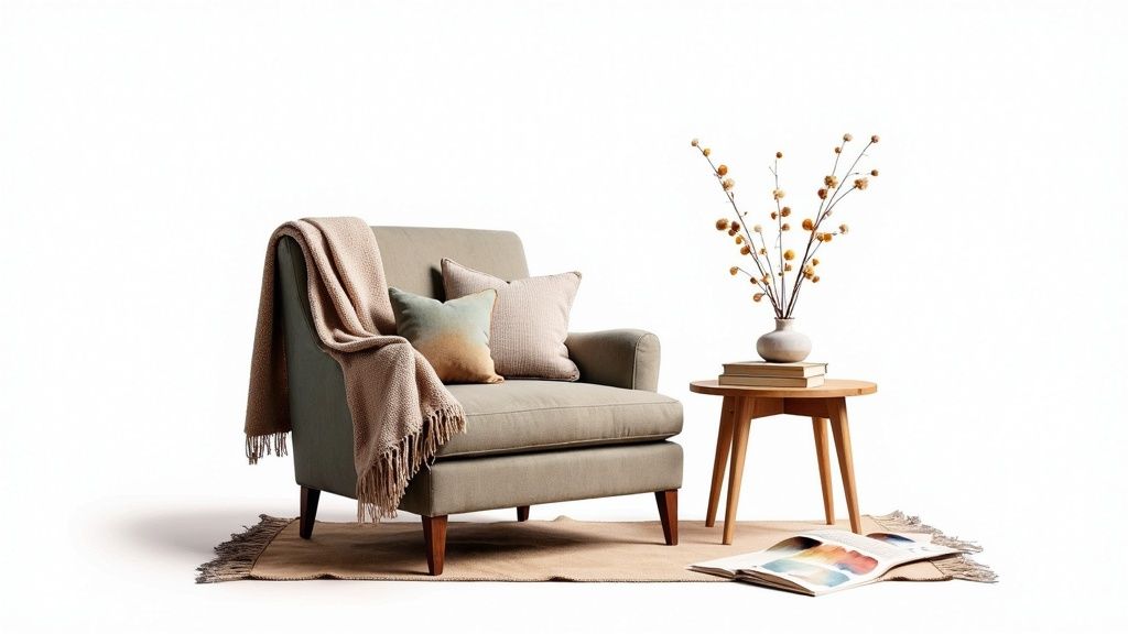 A close-up shot of a beautifully styled bookshelf with books, a small plant, and decorative objects.