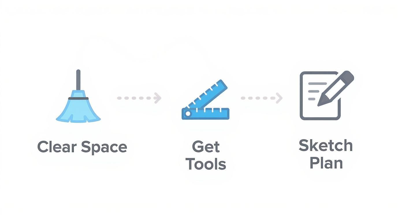 Three step process showing broom clearing space, measuring tools, and sketching a room plan