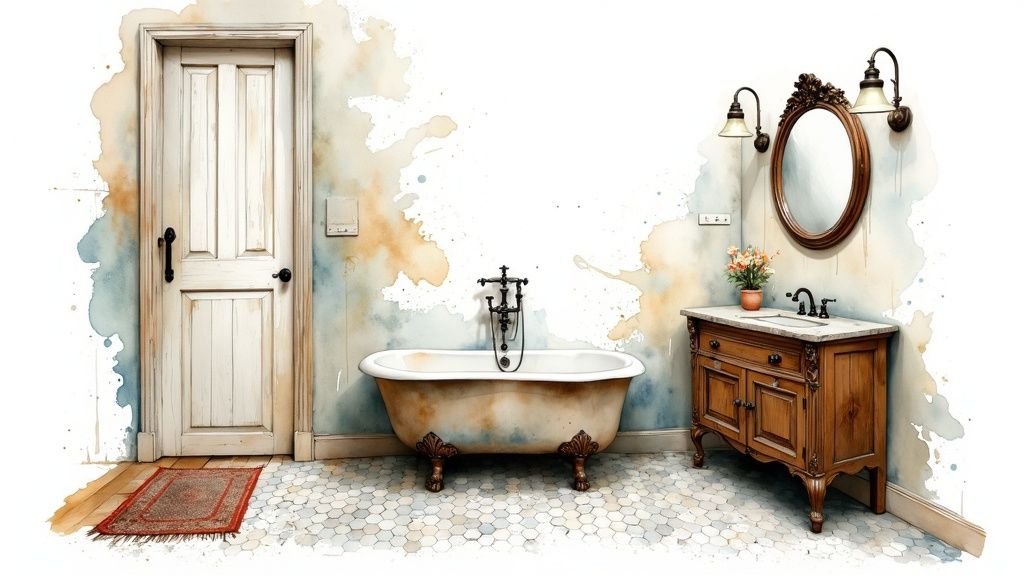 A small bathroom featuring a vintage-style vanity with a modern vessel sink and gold fixtures, set against a dark, moody wall.