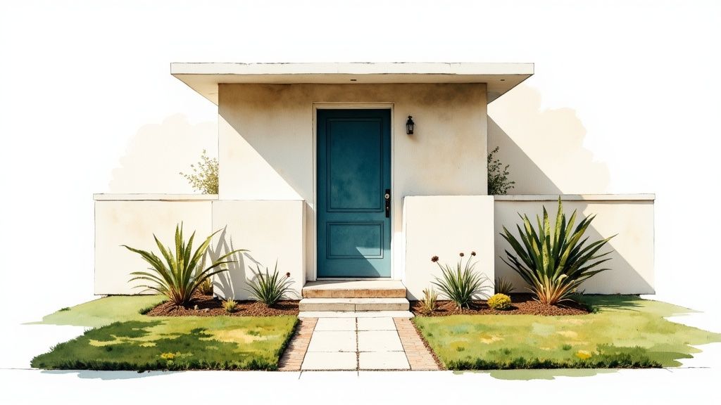 Watercolor illustration of a modern house entrance with a teal door, white walls, and green landscaping.
