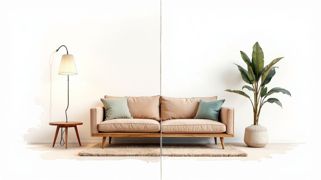A minimalist living room with a beige two-seater sofa, floor lamp, wooden table, and potted plant.
