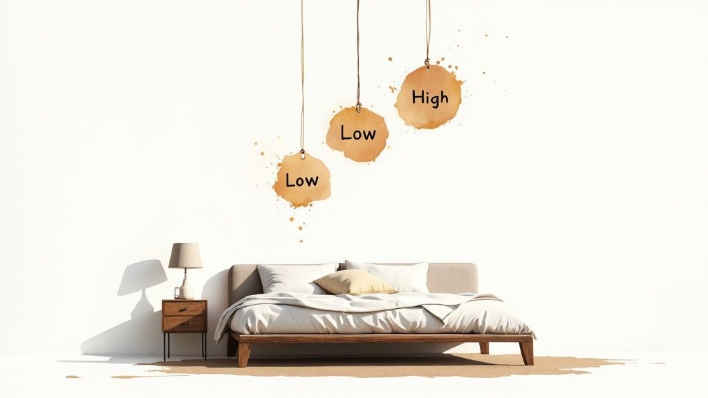 Close-up of a designer's desk with paint swatches, fabric samples, and a floor plan for a bedroom renovation