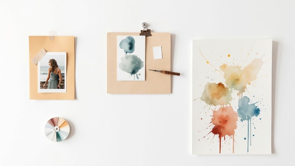 Woman creating an interior design mood board with fabric swatches and images.